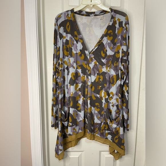 LOGO by Lori Goldstein Gray Purple and Tan Printed Tunic Cardigan size XL - Picture 1 of 6
